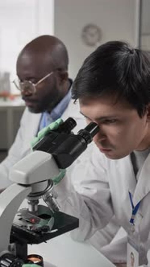 Scientists Using Microscope for Research in Laboratory Setting