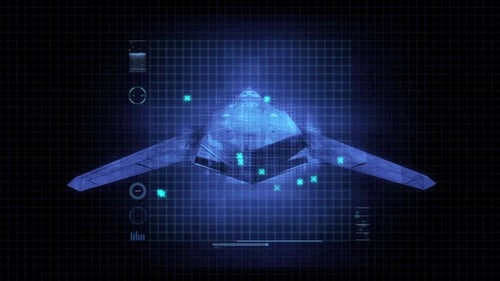 Rotating Fighter Jet Blueprint on Futuristic HUD Interface
