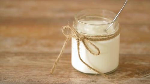 Food and Dairy Products Concept - Homemade Sour Cream in Vintage Glass