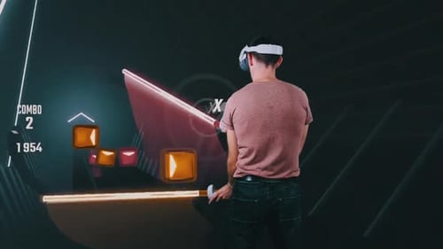 Man Playing Futuristic VR Rhythm Game with Headset