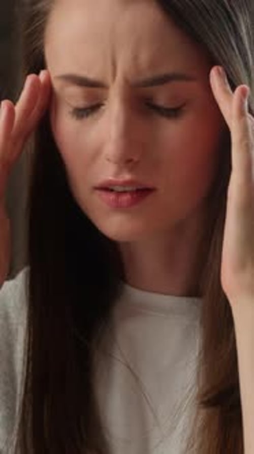 Tired Exhausted Sick Caucasian Woman Student Touching Temples Headache Indoor Library Feeling Ill