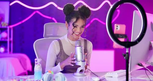 Girl, podcast or influencer in home with microphone on social media platform to online audience