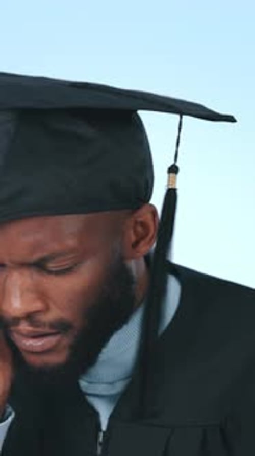 Headache, graduation and black man in studio with pain for university, studying and academic stress