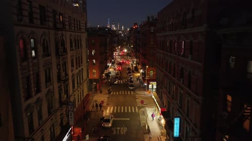 Drone shot of a quiet residential street in Lower Manhattan