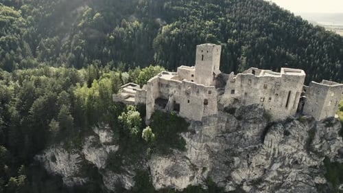The ancient Strecno castle on the rock in autumn. Location, Slovakia