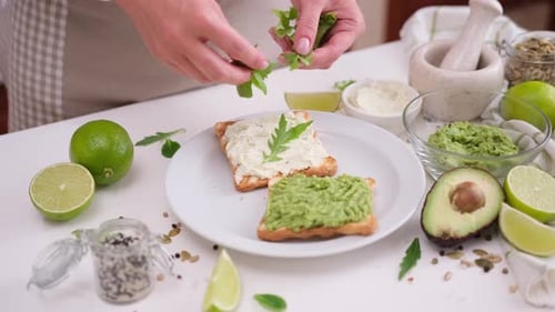 Decorating Toast with Cream Cheese and Avocado