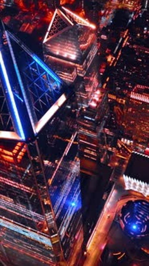 Neon lights edging the roofs on the highest buildings of New York downtown.
