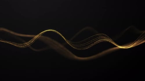 Glowing Gold Fluid Particles Moving in Abstract Wave Formation