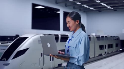 Smiling Woman Engineer Using Laptop Near Modern Train