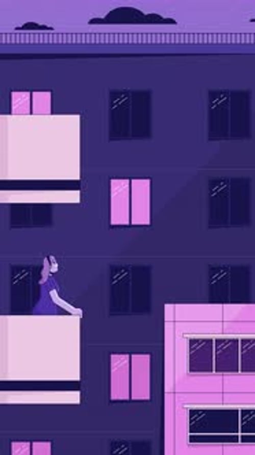 Lofi girl standing alone on high-rise balcony at night vertical animation
