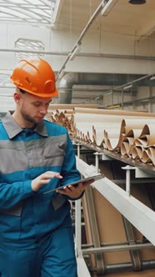 Factory Worker Inspecting Material Rolls Using Tablet