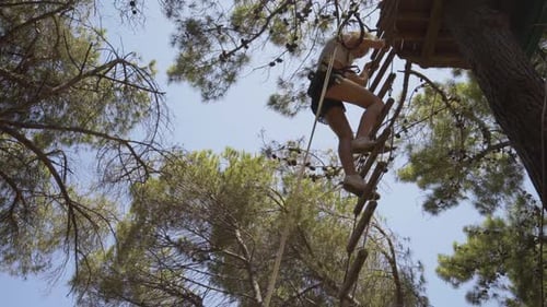 Una joven baja por una escalera de cuerda en el parque de aventuras Rope and Tree Top
