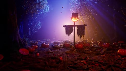 Spooky Halloween Forest with Glowing Pumpkin Scarecrow and Bats