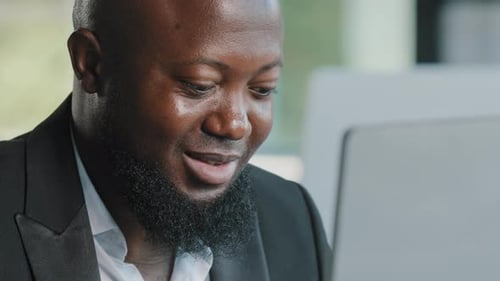 Close Up Male Worker African American Man Bearded Businessman Guy Employee Specialist Work on Laptop