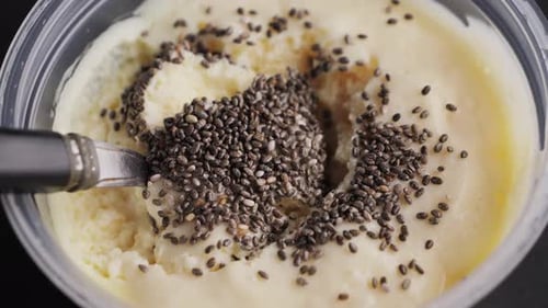 Protein Yogurt with Chia Seeds Close Up Dairy Product Texture Healthy and Low Calorie Snack