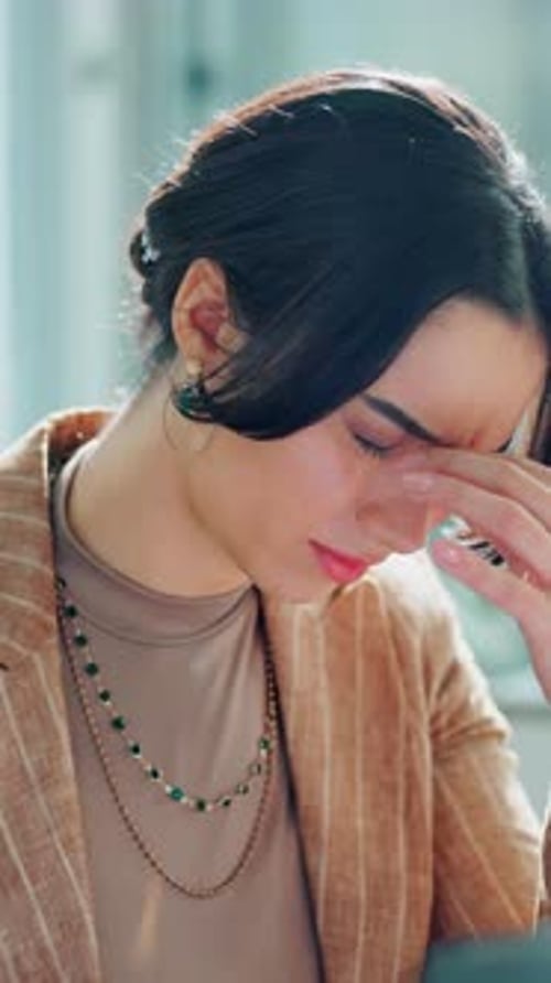 Stress, headache and businesswoman in office with fatigue, burnout or exhaustion for finance