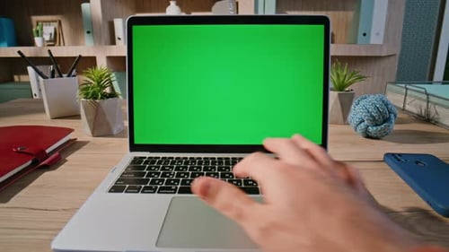 Hands Pressing Keyboard Chroma Key Laptop at Office Desk Closeup Unknown Man