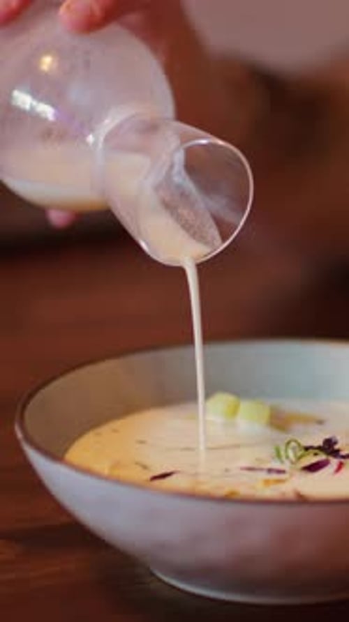 Vertical Pouring Food Cold Soup Vegetable Bowl Man