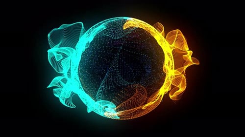 Glowing sphere surrounded by swirling blue and orange particles.