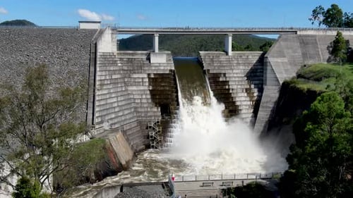 Dam Full Water Gates Open Create Hugh Waterfall