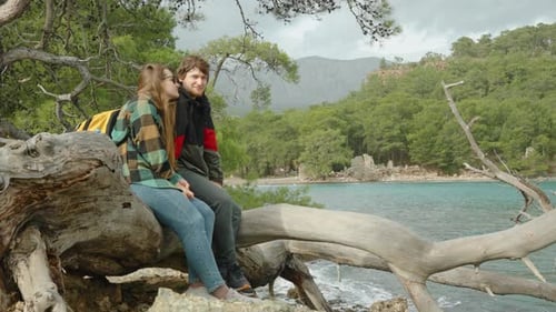 A kissing young couple of travelers sitting on a tree by the sea in windy weather, enjoying the view