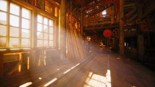 Sunlight Streaming Through Windows in a Rustic Wooden Building Interior