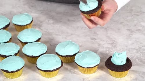 Decorating Chocolate Cupcakes with Buttercream Frosting and Rainbow Candy