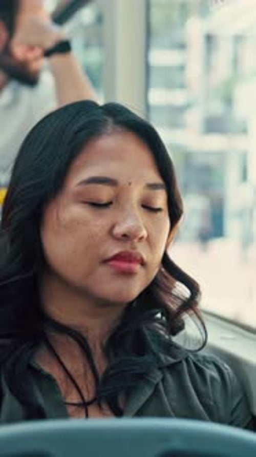 Tired, commute or woman on bus with sleep, fatigue or nap in town travel