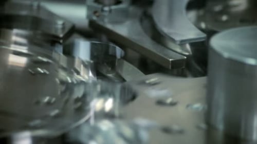 Working Manufacturing Equipment. Close Up of Steel Manufacturing Machinery. Turning Manufacturing Ma