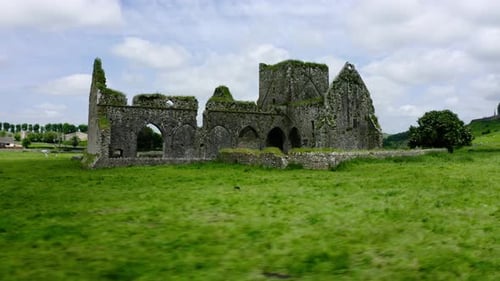 Drone shot of an old abandoned castle in Ireland.