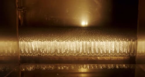 Rows of Glass Vials Moving in Manufacturing Machine