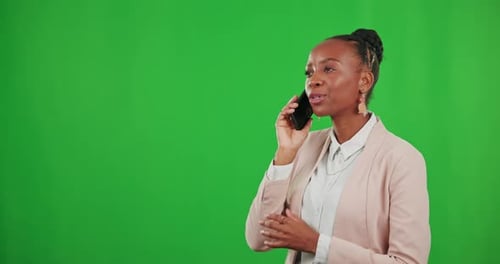 Phone call, talking and black woman on green screen in studio isolated on a background mockup
