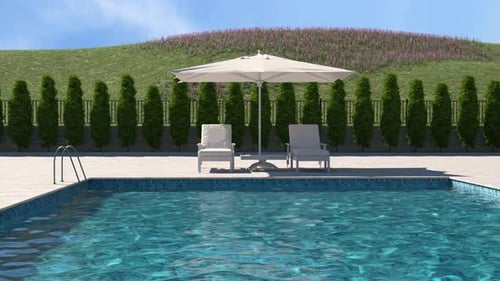 Modern Poolside Patio With Lounge Seating and Sunshade