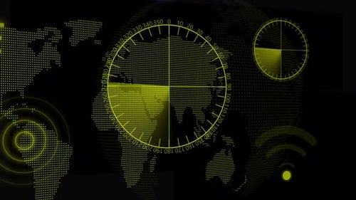 Animated glow radar screen with radio wave dots particles combined world map.motion graphics.mz 227