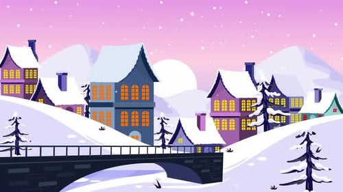 Snow Fall House Winter Village Animation