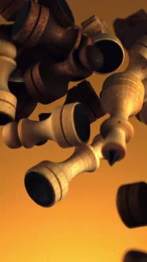 Wooden Chess Pieces Falling Downwards Against an Amber Gradient