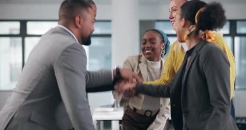 Staff, hands and team building for office motivation, celebration and company training
