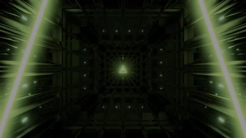 Futuristic tunnel with green neon lights and motion effect