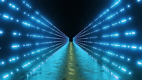 Server room corridor with glowing blue lights reflecting on wet floor