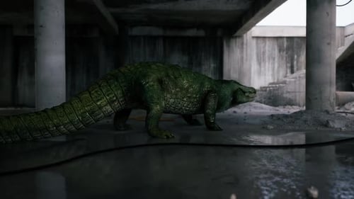 Crocodile explorant une structure abandonnée au crépuscule