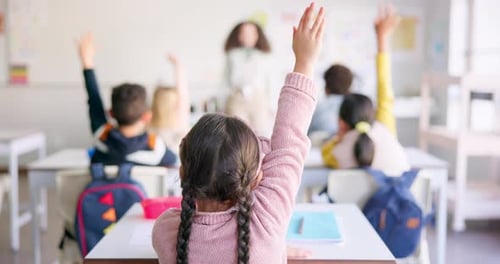 Children Raise Hands in Elementary School Classroom