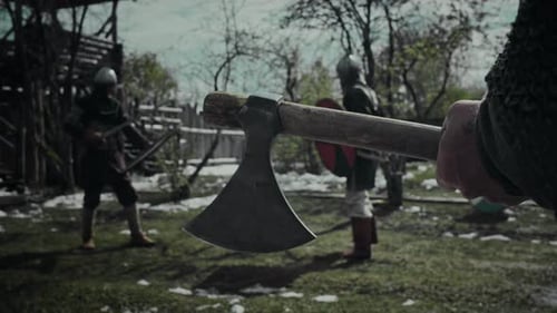 Medieval Warriors in Battle, Holding Swords and Shields