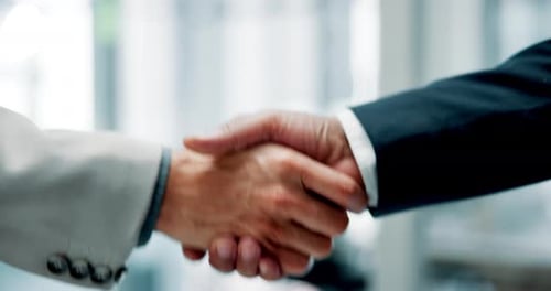 Meeting, handshake and business people in office for interview, welcome