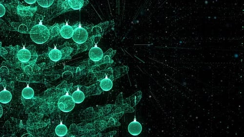 Futuristic Wireframe Christmas Tree with Glowing Ornaments and Digital Snow