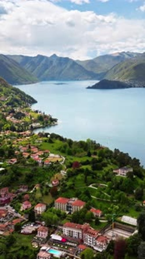 Aerial drone view of the village Bellagio near Lake Como, Italy. Vertical