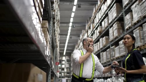 Logistics employees are working warehouse.