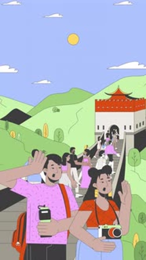 Tourists walk along Beijing Great Wall of China cartoon vertical animation