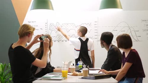 Презентация, тренинг по маркетингу или командная работа деловых людей с ключевыми показателями эффективности, продажами и разнообразием