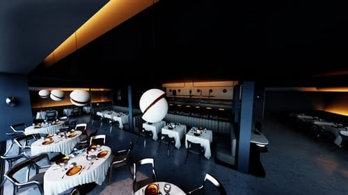 Elegant Empty Restaurant Setting with Round Tables and Modern Decor at Night