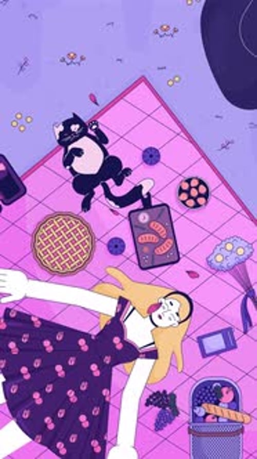 Lofi girl on picnic bliss with cat and snacks top view vertical animation